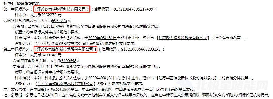 中标结果公示后宣布招标失败 中国铁塔青海磷酸铁锂电池二次招标