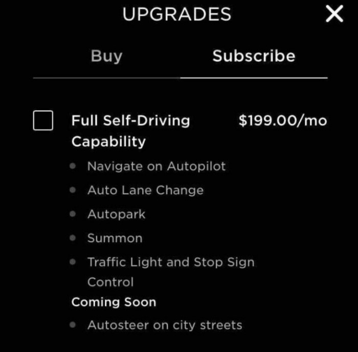 特斯拉推出全自动驾驶订阅包：月费199美元